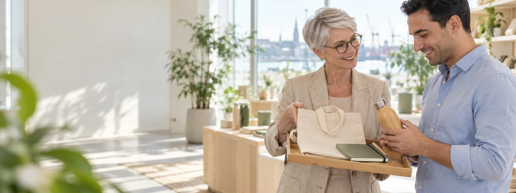 Beraterin zeigt einem Kunden eine Stofftasche und eine Trinkflasche im Showroom