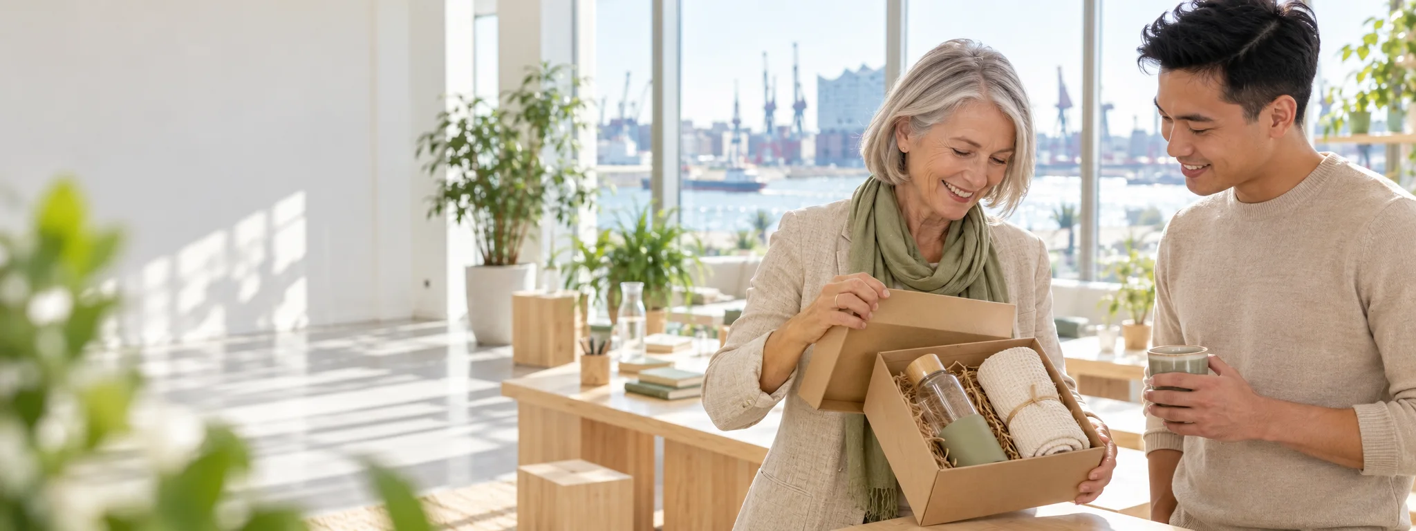 Frau öffnet eine Geschenkbox mit Trinkflasche und Handtuch